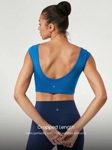 GLOWMODE FeatherFit™ Just Do U-Back 短袖割裂裾短款背心，低衝擊瑜珈日常穿著 - Blue Power - 查看 2