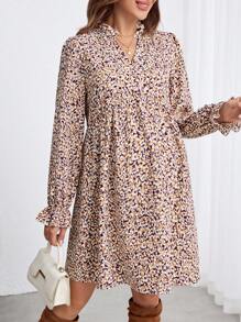 SHEIN Maternity Allover Print Flare Sleeve Smock Dress - Pink - View 2