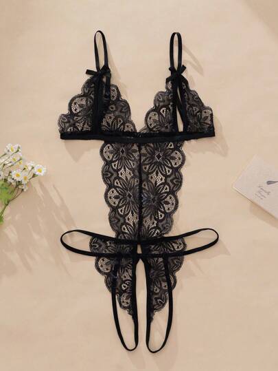 Ning xue yan ying Hollow Out See Through,Bow ated,Floral Kanten ,Elasticity,Backless,Classic Verleidelijke Bodysuit Lingerie, Teddy Rave Going view 6