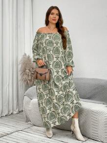 SHEIN LUNE Plus Size Long Sleeve Off Shoulder Pleated Casual Dress,Elegant Wedding Guest White Autumn Sequin Loose Comfortable Green Vintage Women Dresses - Green - View 6