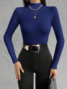 RueChic Solid Mock Neck Tee For Spring & Autumn - Blue - View 5