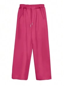 INAWLY Women's Solid Color Simple Drawstring Sweatpants - Hot Pink - View 3