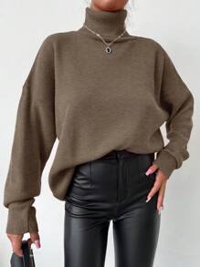 EURMUSE 女款純色高領落肩毛衣 - 摩卡棕 - 查看 4