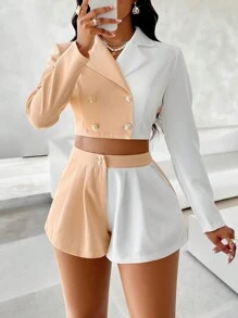 Zolique 双色翻领短款西装外套和褶皱短裤优雅女士