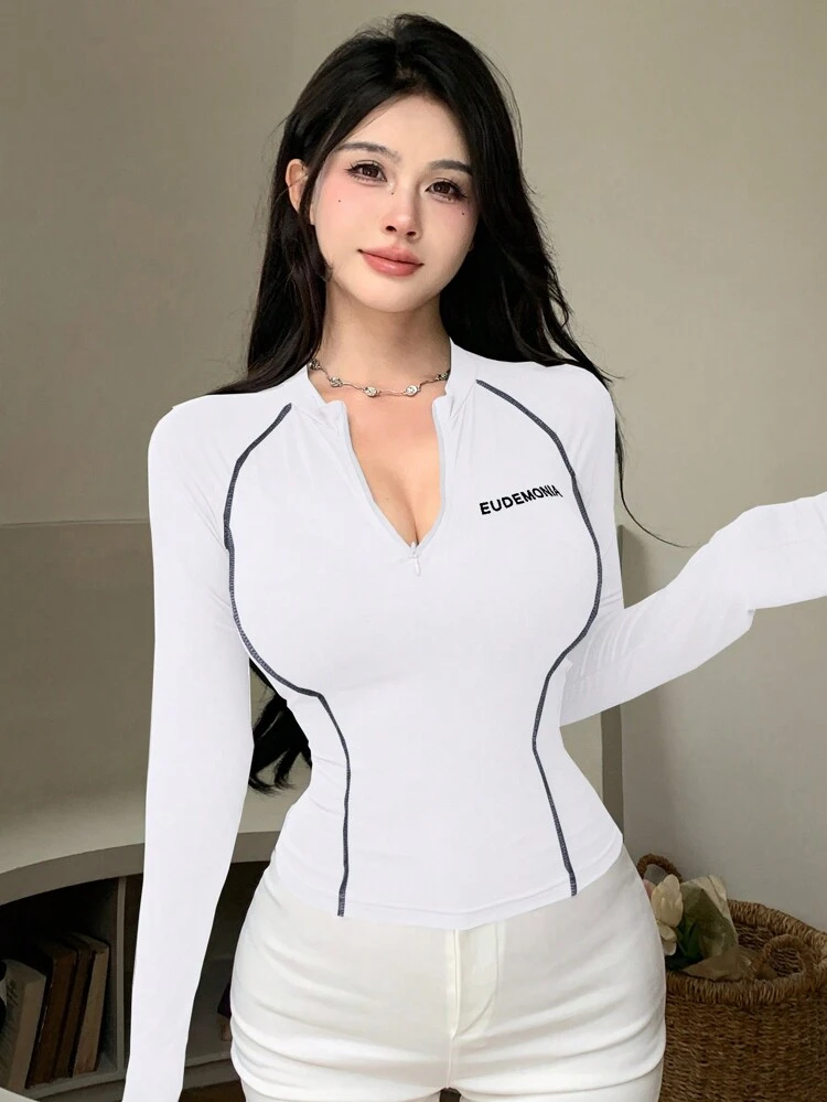 Women's Letter Print Striped Decor Half Zip Mock Neck Slim Fitted Long Sleeve T-Shirt,Fall Clothes Turtleneck Women