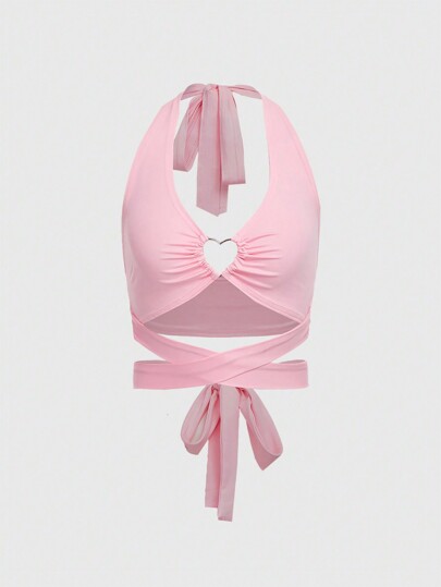 Kawaii Camiseta de tirantes finos con lazo de corazón de metal y nudo para mujeres, sexy, para vacaciones