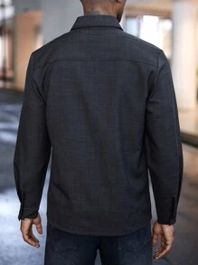 Manfinity Homme Men's Solid Color Long Sleeve Shirt Collar Front Button Pocket Simple Casual Jacket - Black - View 2