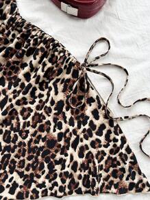 Soleia 性感吊带抽绳不对称下摆修身豹纹连衣裙，夏装 - 棕色 - 查看 4