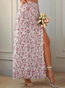 Breezaya Falda casual de vacaciones con abertura en el muslo y estampado floral para otoño - Rojo y blanco - Ver 6