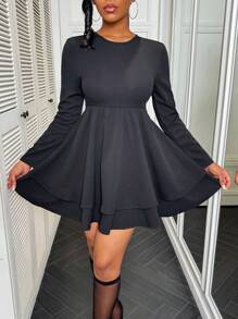 VaVaBold Solid Color Round Neck Long Sleeve Backless Ruffled Hem Casual Vacation Dress
