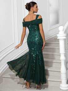 SHEIN Belle Long Mermaid Style Sequin Embellished Formal Gown, Party Dress, Wedding Dress, Prom Evening Dress, For Wedding Guest, Graduation, Dinner, Christmas For Holiday Party Clothes - Dark Green - View 2