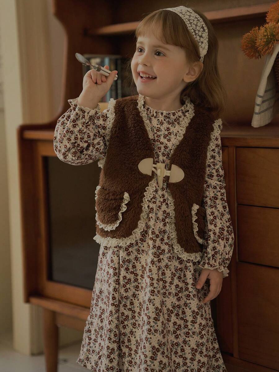 SHEIN 2pcs Girls Monochrome Striped Bow-Knot Print Blouse With Ruffle Trim And Wide Leg Pants Set, Suitable For Vacation, Outing, Casual Gathering, Summer And Spring - Grey - View 1