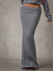 SHEIN BAE Women's Solid Color Ribbed Knit Casual Skirt Fall Women Fall Women Clothes Winter Outfits Halloween Gray Turn-Down Waist Long Skirt - Grey - View 2