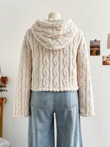 Dreamara Plus Size Women's Hooded Sweater, White Cable Knit Fleece, Adjustable Drawstring Hem, Long Sleeve Warm Pullover For Autumn & Winter