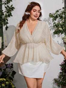SHEIN Clasi Plus Size V-Neck Ruffle Trim Silver Blouse - Apricot - View 4