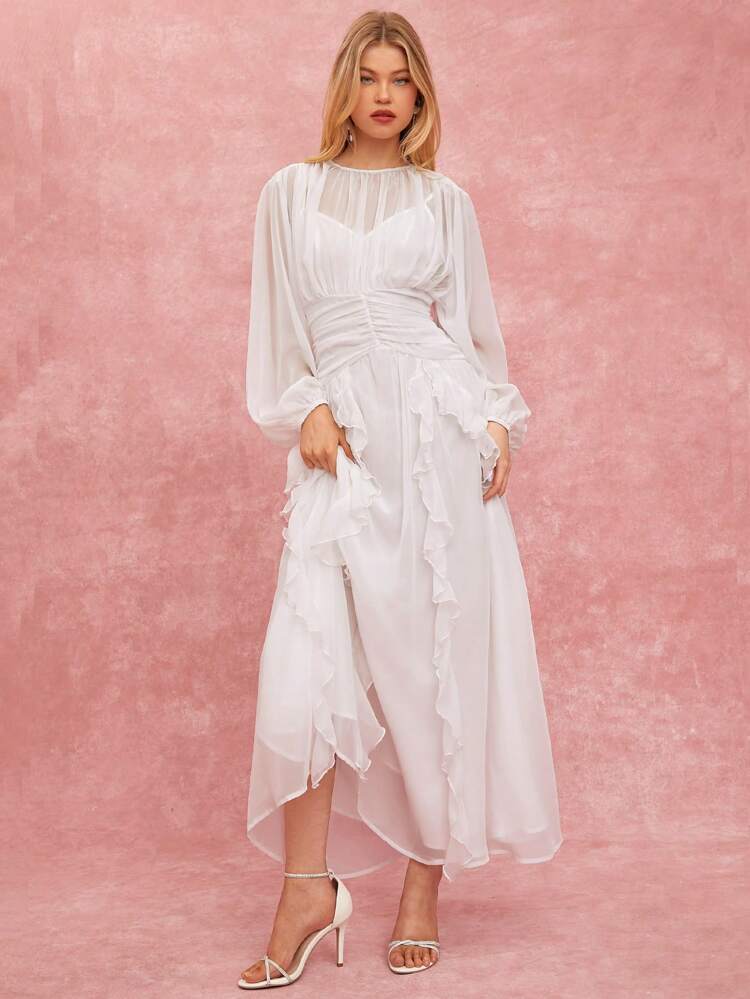 Vestido com Babado na Barra em Cor Sólida Elegante Feminino, Primavera Verão