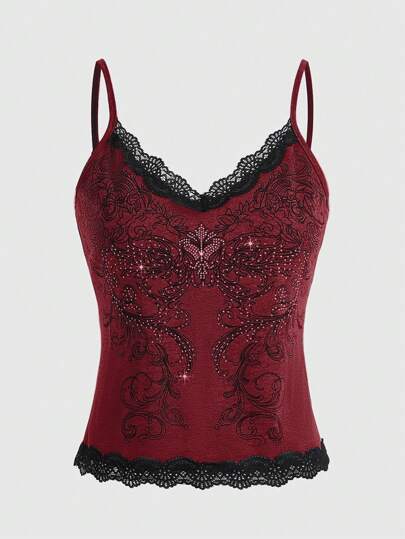 Fairycore Camiseta de tirantes de mujer con contraste floral y encaje para el verano