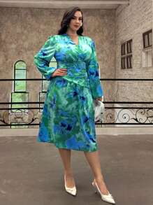 SHEIN Privé Vestido asimétrico con volantes y estampado floral para mujer de talla grande, elegante y romántico estilo francés para el otoño - Multicolor - Ver 6