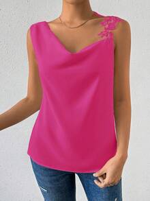 Chiquease Damen Sommer Bluse mit einfarbigem Volant Kragen, Spitzen Kontrast und ärmellos, elegant - Heißes Pink - Übersicht 6