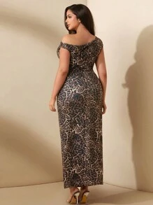 SHEIN BAE Plus Size Women Solid Leopard Print Sexy Asymmetric Shoulder Ruched Bodycon Dress, Summer - Multicolor - View 2