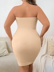 1 件大码女式纯色抹胸塑身连衣裙 - 杏色 - 查看 2