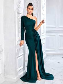 ADYCE 纯色长袖系带超长派对礼服，优雅正式晚会舞会婚礼宾客礼服，适合毕业典礼、晚宴