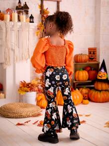 SHEIN 2pcs Young Girl Halloween Theme Knitted Square Neck Ruched Bow Decor Puff Sleeve Crop Top And Knitted Fitted Flared Pants Fall Set - Multicolor - View 7