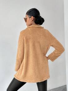 青少年女孩休闲长款双面羊毛保暖风衣外套 - 棕色 - 查看 2