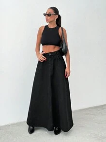 SHEIN Cottnline 100% Cotton High Waist Long Denim Skirt - Black - View 5