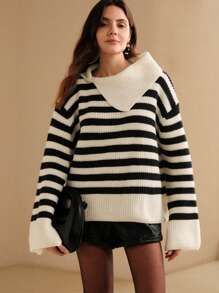 Anewsta Striped Contrast Color Lapel Loose Urban Women Sweater, Knit Pullover Fall Winter - Apricot - View 3