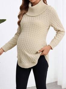 SHEIN Pregnant Women Turtleneck Long Sleeve Cable Knit Sweater, For Maternity, For Winter - Apricot - View 5