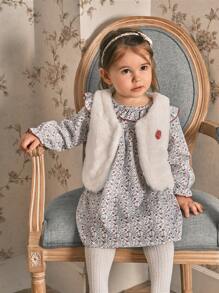 SHEIN 2pcs/Set Baby Girl Thick Warm Fleece Vest & Ditsy Floral Ruffle Hem Dress Set, Suitable For Outings, Christmas - Multicolor - View 3