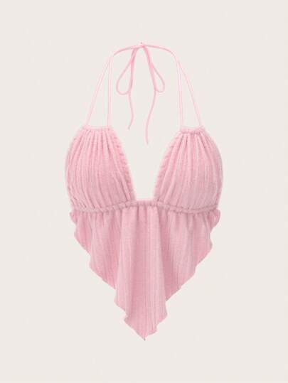 Sweetina Camiseta sin tirantes de mujer de color rosa sólido con bajo asimétrico y espalda descubierta