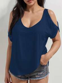 SHEIN LUNE Camiseta de manga murciélago con hombros descubiertos de talla grande en color sólido - Azul Marino - Ver 1