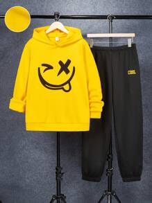 SHEIN Leap Crew 2 件套青少年男孩休闲宽松舒适图案印花连帽衫运动衫和运动裤套装 - 黃色 - 查看 6