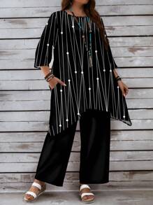 EMERY ROSE Plus Size Black & White Artistic Line Print 3/4 Sleeve Loose Pants 2Pcs Set, Suitable For Autumn/Winter