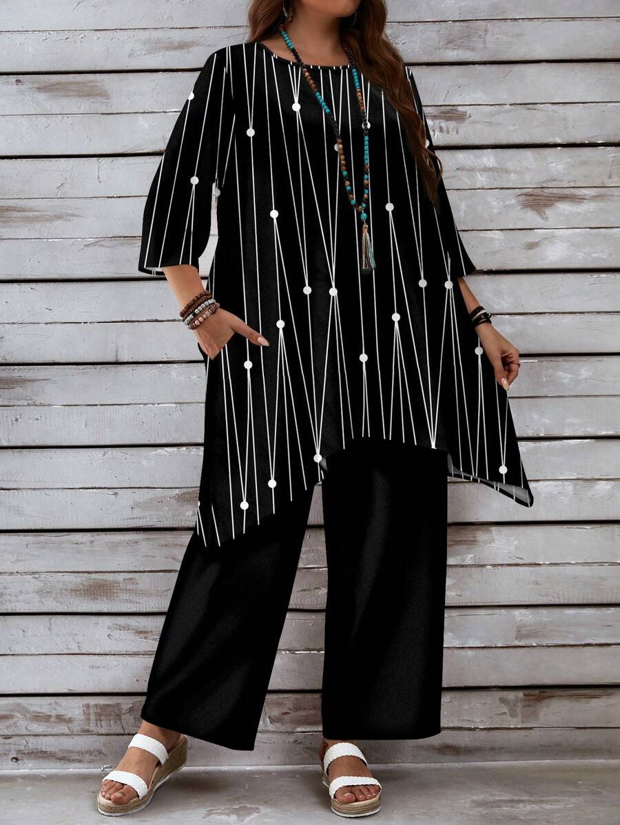 EMERY ROSE Plus Size Black & White Artistic Line Print 3/4 Sleeve Loose Pants 2Pcs Set, Suitable For Autumn/Winter