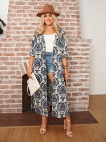 SHEIN LUNE Casual extra lang damesoverhemd met blauwe en witte print en split aan de voorkant