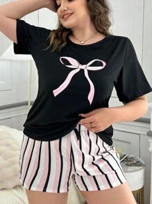 Plus Size Bowknot & Striped Print Short Sleeve Pajama Set - Black - View 3