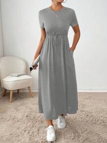 SHEIN Essnce 女士纯色圆领口袋夏季短袖休闲连衣裙 - 淺灰色 - 查看 3