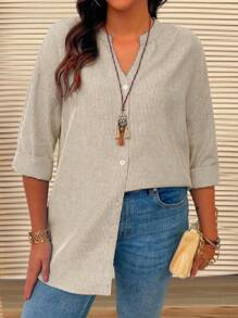 EMERY ROSE Camisa a rayas de manga larga con cuello en V y botones delanteros para tallas grandes
