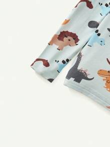 Cozy Pixies 2 piezas Pijama de niño pequeño con parte superior de manga larga y cuello redondo con estampado de dinosaurio de dibujos animados y pantalón largo - Verde - Ver 6