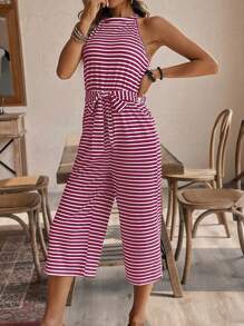 SHEIN LUNE 女士条纹印花露肩连体裤 - 粉色 - 查看 4