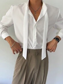 SHEIN X Scheana DAZY Men's Solid Color Long Sleeve Casual Commuter Shirt, Autumn, Fall Business Attire - White - View 7