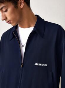 Mainfolk Men's Woven Casual Loose Fit Solid Color Long Sleeve Letter Zip Jacket, For Fall Winter, Outdoor, Spring - Blue - View 3