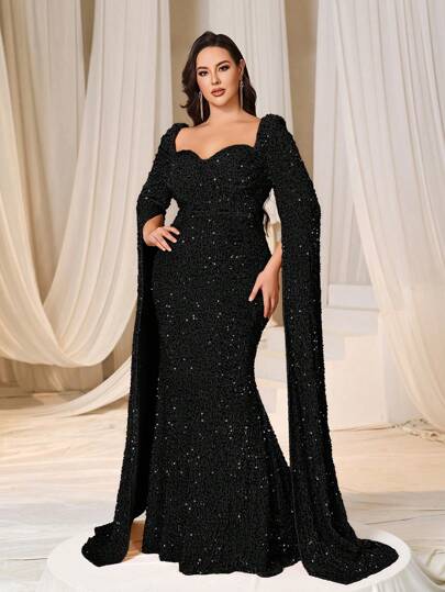 Faeriesty Curve Elegant Plus-Size Formal Evening Gown With Heart-Shaped Neckline, Dramatic Extra-Long Sleeves, And Flattering Mermaid Silhouette For Galas, Wedding Ceremonies, Banquets, And Charity Balls.