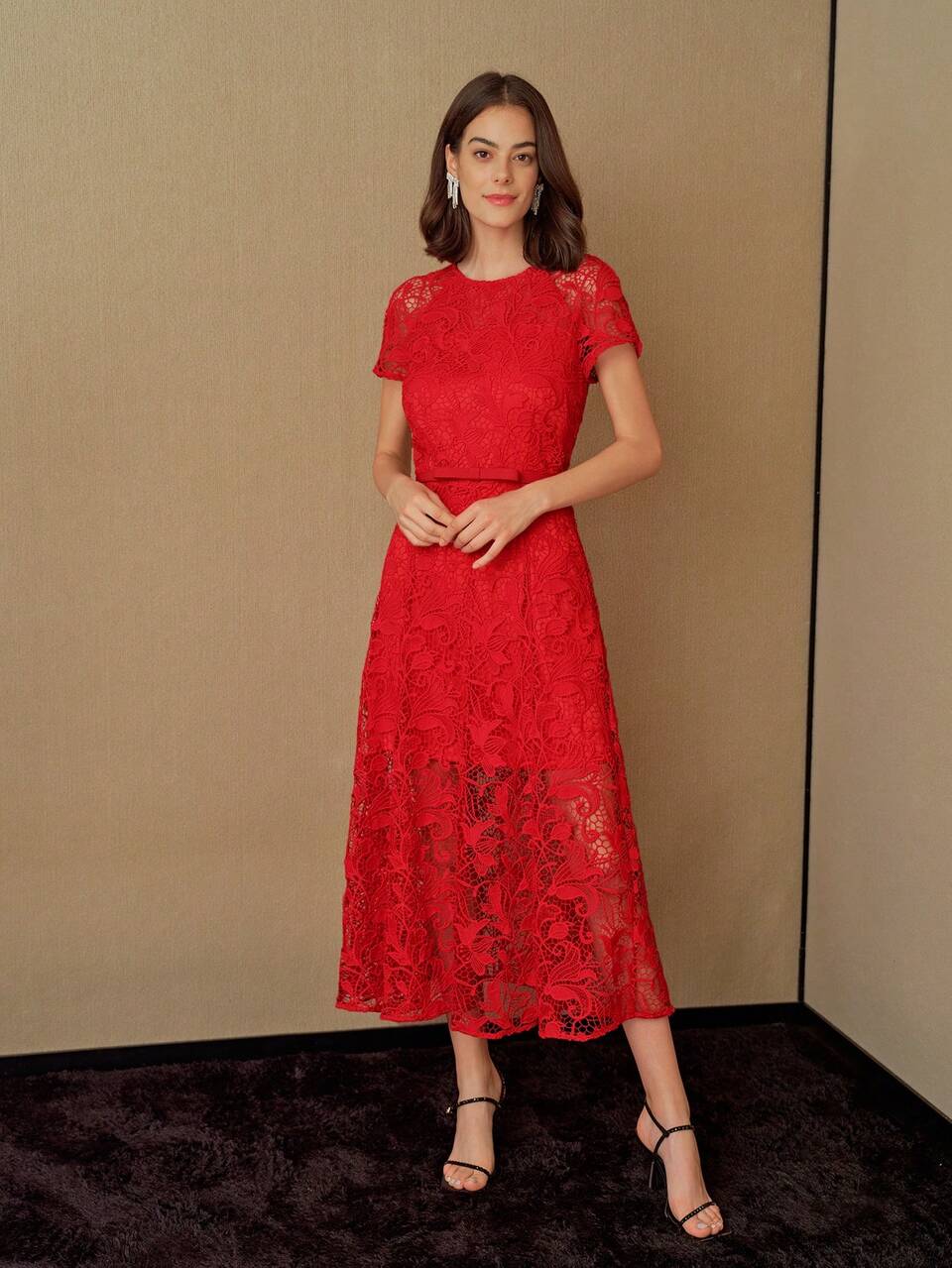 MOTF STUDIO GUIPURE LACE OVERLAY SOLID BOW BELTED DRESS
