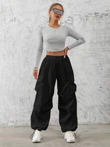 Chiquease Pantalones anchos con cordón y bolsillos de solapa, casuales y de moda - Negro - Ver 4
