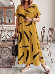 EMERY ROSE 大码女式夏季刷印花 V 领蝙蝠袖短袖休闲长款直筒连衣裙长款女装 - 黃色 - 查看 5
