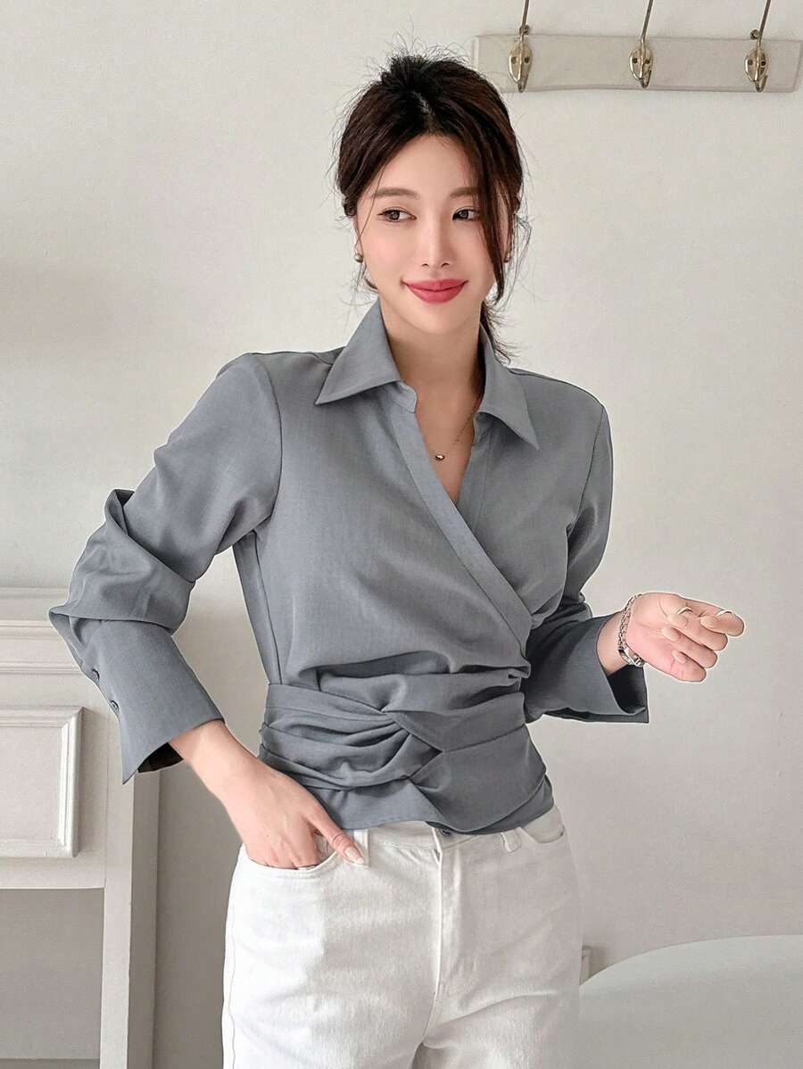 DAZY 1pc Women Plain Long Sleeve Wrap Around Shirt,Fall Clothes - Dusty Blue - View 1